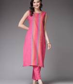 Pink woven designed cotton blend straight kurta pant set