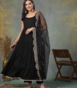Black solid rayon tiered kurta pant dupatta set