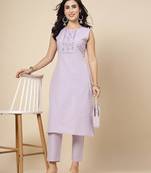 Lavender embroidered cotton blend straight kurta pant set