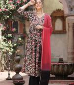 Black floral printed & embroidered rayon flared kurta palazzo dupatta set
