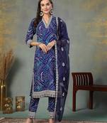 Blue bandhani print & embroidered muslin straight kurta pant dupatta set