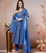Blue bandhej printed rayon alia cut kurta pant dupatta set