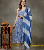 Royal blue  & white bandhej printed rayon anarkali kurta pant dupatta set