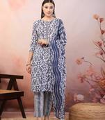 Blue printed cotton straight kurta pant dupatta set