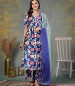 Blue floral printed & embroidered rayon alia cut kurta pant dupatta set