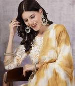 Yellow tropical printed cotton blend straight kurta pant dupatta set