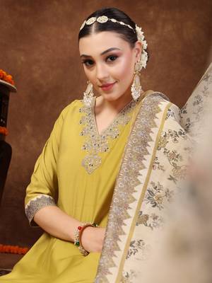 Corn mustard mustard solid & embroidered silk blend straight kurta pant dupatta set 1