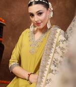 Corn mustard mustard solid & embroidered silk blend straight kurta pant dupatta set