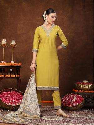 Corn mustard mustard solid & embroidered silk blend straight kurta pant dupatta set 3