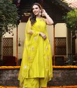 Corn solid & embellished rayon flared kurta palazzo dupatta set