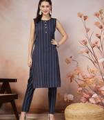 Navy blue self designed cotton blend straight kurta pant set