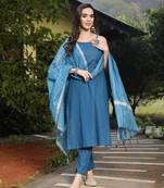 Teal teal woven design cotton blend straight kurta pant dupatta set