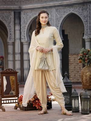 Cream Embroidered & Embellished Rayon Pleated Punjabi Salwar Suit 1