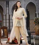 Cream Embroidered & Embellished Rayon Pleated Punjabi Salwar Suit