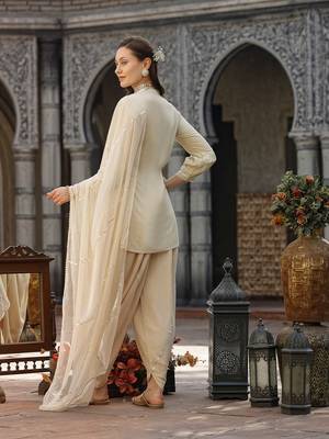 Cream Embroidered & Embellished Rayon Pleated Punjabi Salwar Suit 2