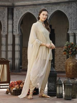 Cream Embroidered & Embellished Rayon Pleated Punjabi Salwar Suit 3