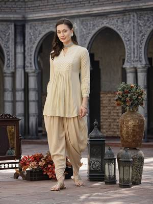 Cream Embroidered & Embellished Rayon Pleated Punjabi Salwar Suit 5
