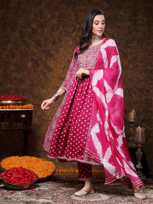 Magenta bandhej printed rayon flared kurta pant dupatta set 1