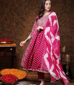 Magenta bandhej printed rayon flared kurta pant dupatta set