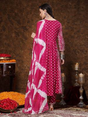 Magenta bandhej printed rayon flared kurta pant dupatta set 2