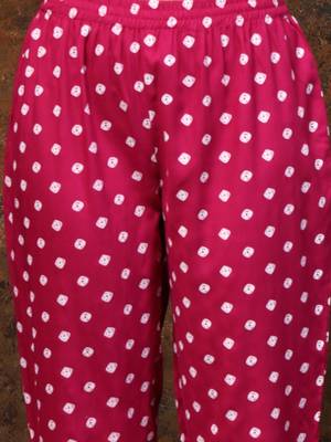 Magenta bandhej printed rayon flared kurta pant dupatta set 4
