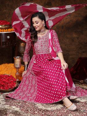 Magenta bandhej printed rayon flared kurta pant dupatta set 5
