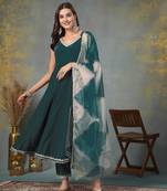 Dark green solid & embroidered velvet anarkali kurta pant dupatta set
