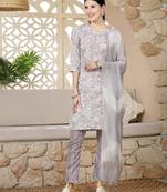 Grey tropical printed cotton blend straight kurta pant dupatta set
