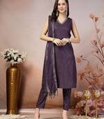 Violet woven designed cotton blend straight kurta pant dupatta set
