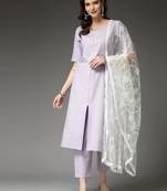 Lavender  & white solid cotton blend straight kurta pant dupatta set