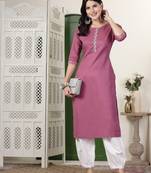 Mauve solid cotton blend straight kurta pant set