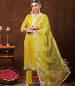 Lime green lime green solid & embroidered silk blend straight kurta pant dupatta set