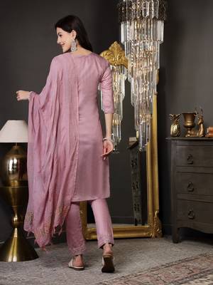 Mulberry pink solid rayon straight kurta pant dupatta set 2
