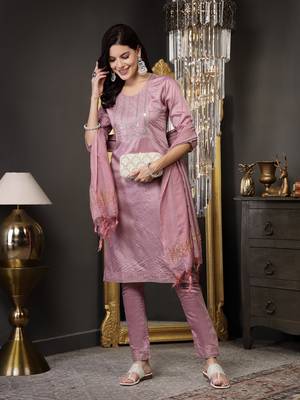 Mulberry pink solid rayon straight kurta pant dupatta set 4