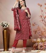 Maroon maroon bandhani printed cotton straight kurta pant dupatta set