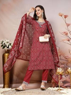 Maroon maroon bandhani printed cotton straight kurta pant dupatta set 5