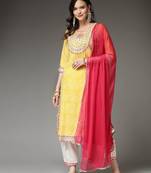 Mustard  & white pink lehariya printed & embroidered rayon straight kurta pant dupatta set