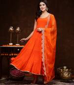 Orange solid rayon tiered kurta pant dupatta set