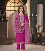 Rose solid & embroidered silk blend straight kurta pant dupatta set