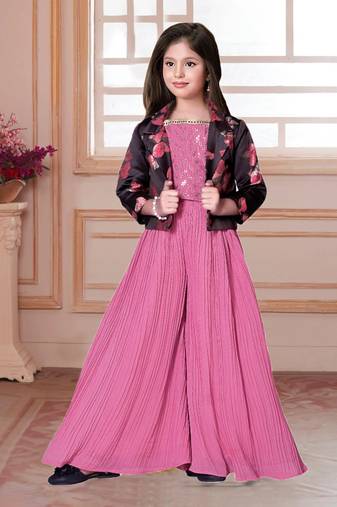Pink sequin work floral print jacket style indo western palazzo set for girls