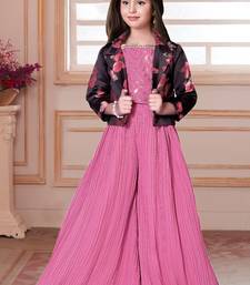 Pink sequin work floral print jacket style indo western palazzo set for girls