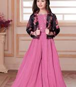 Pink sequin work floral print jacket style indo western palazzo set for girls