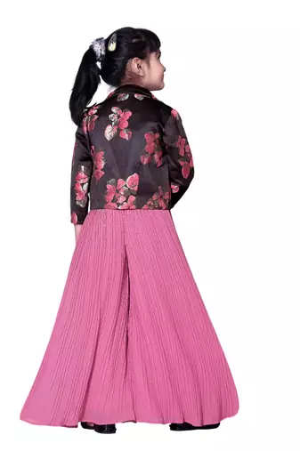 Pink sequin work floral print jacket style indo western palazzo set for girls