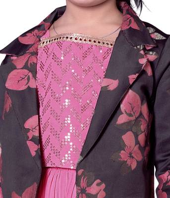 Pink sequin work floral print jacket style indo western palazzo set for girls 3