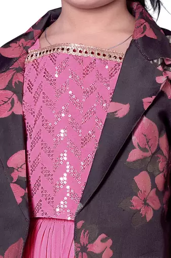 Pink sequin work floral print jacket style indo western palazzo set for girls