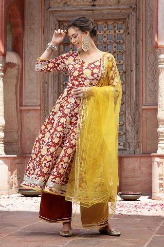 Rust floral printed cotton anarkali kurta pant & dupatta set
