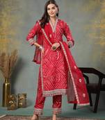 Pink bandhani print & embroidered muslin straight kurta pant dupatta set