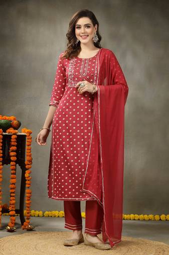 Rose pink bandhej printed & embroidered rayon straight kurta pant dupatta set
