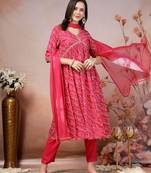 Pink bandhej printed rayon alia cut kurta pant dupatta set
