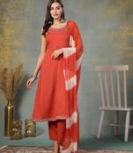 Rust rust solid & embroidered poly crepe a-line kurta pant dupatta set